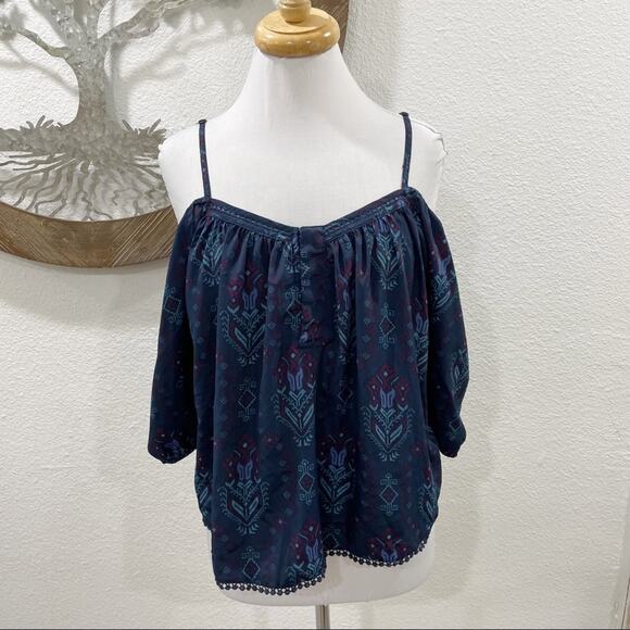 House of Harlow 1960 Boho Cold Shoulder Festival Top Navy Purple Large - Picture 2 of 7